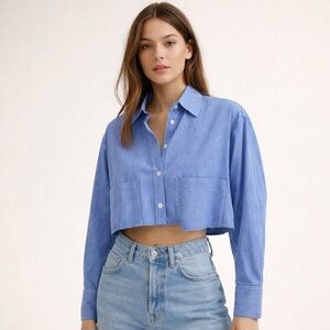 ZARA STRIPED COTTON CROPPED BUTTON DOWN